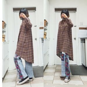 NWT-World Market Brown and Ivory Plaid Shirt Dress Size: Free Size